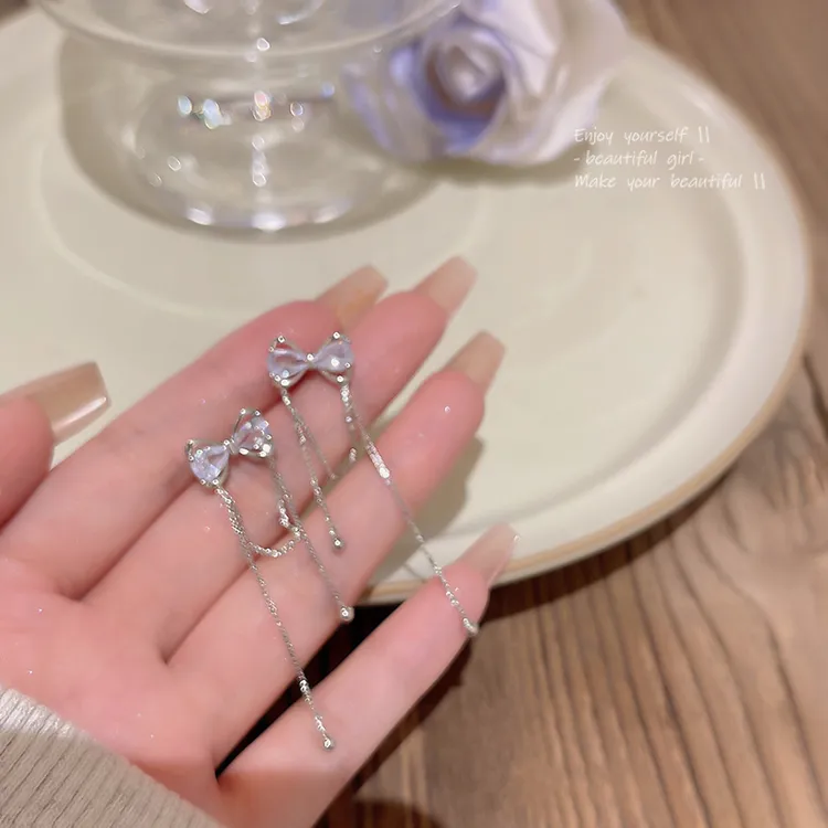 蝴蝶结耳饰长款流苏百搭耳钉女气质耳坠轻奢小众设计感甜美耳环潮