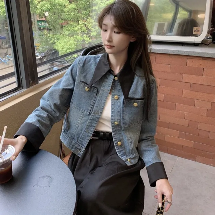 蔻菲图新款春秋季休闲百搭夹克设计感假两件牛仔衣小个子短外套女