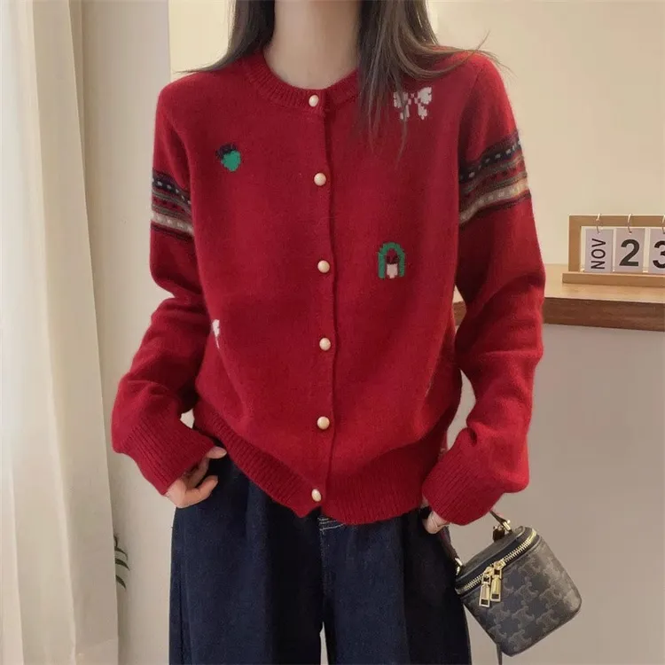 蔻菲图女装秋季新款红色减龄时尚百搭提花毛衣针织开衫小香风外套