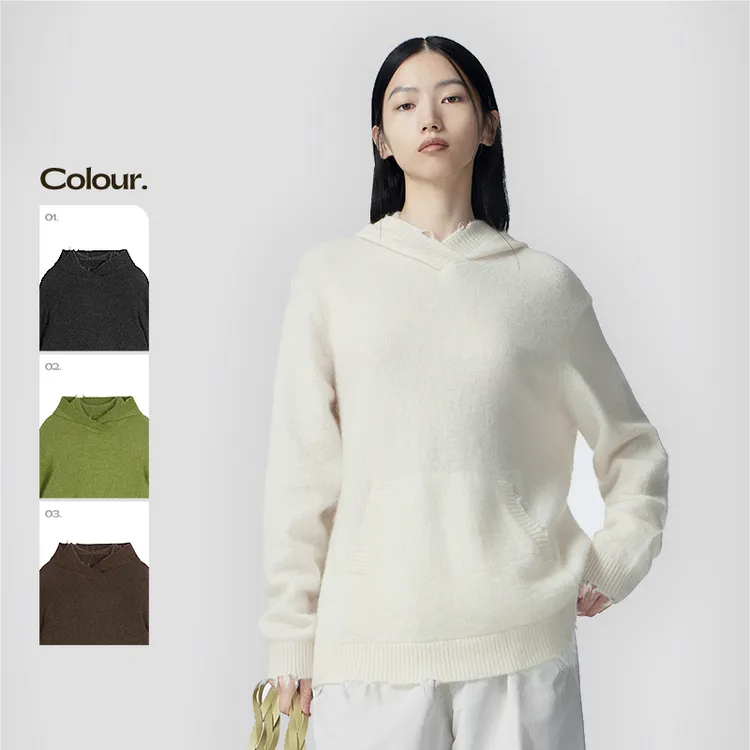 JNBY/江南布衣秋连帽针织衫女毛衣宽松休闲不规则破坏感5NA314860