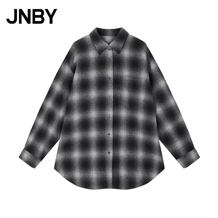 JNBY/江南布衣秋季绵羊毛宽松格纹衬衫式翻领毛呢外套女5O981009K