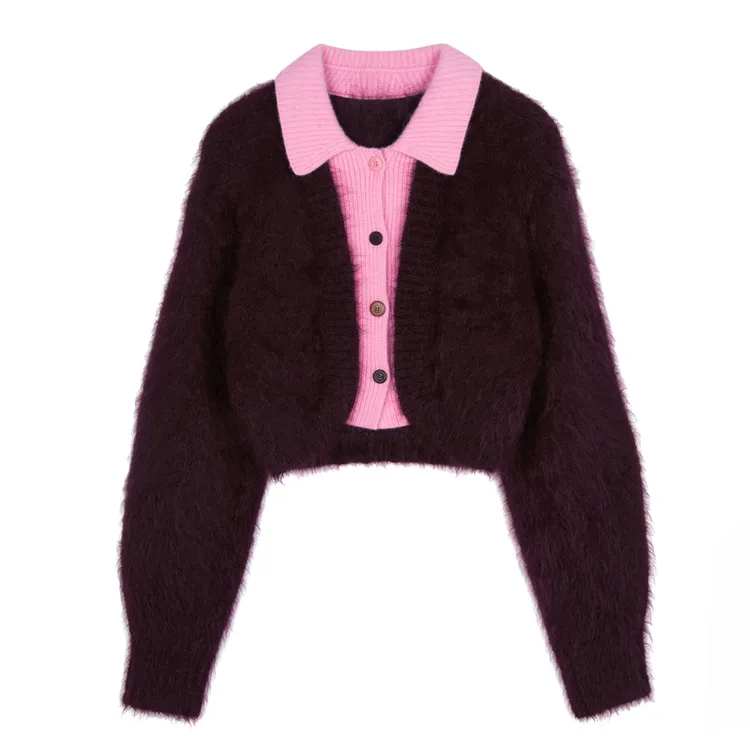 JNBY/江南布衣秋冬短款开衫毛衣女翻领假两件撞色5N0312570