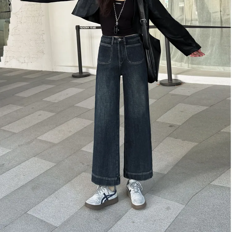 蓝灰色平口袋设计款加绒牛仔裤女冬2024年新款高腰宽松直筒奶奶裤