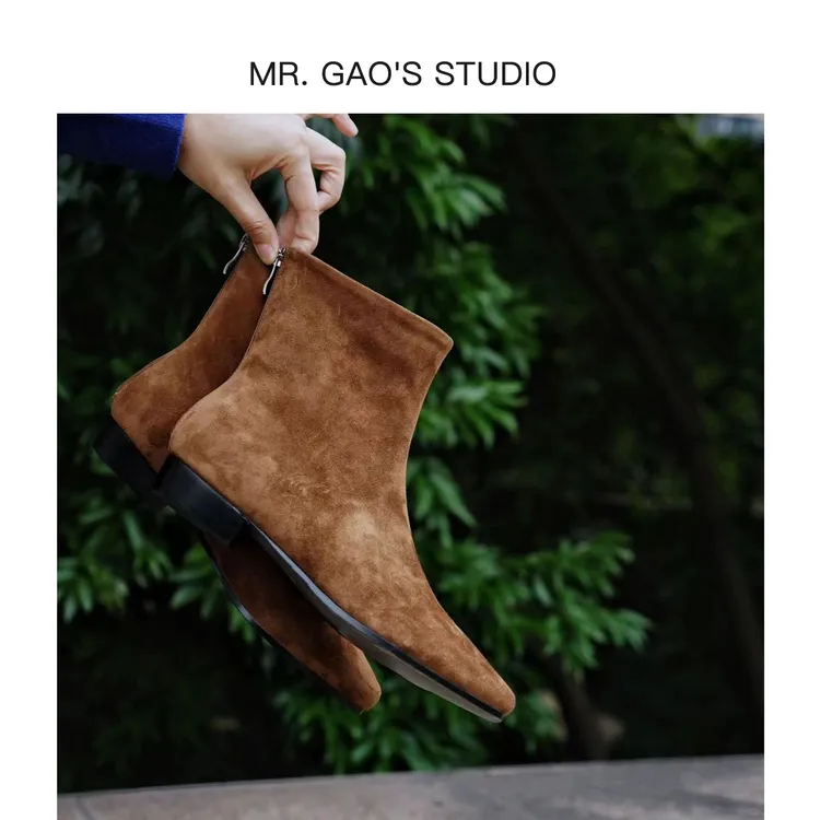 【Mr.Gao】秋冬新款极简风舒适真皮踝靴百搭方头粗跟时尚瘦瘦靴短靴