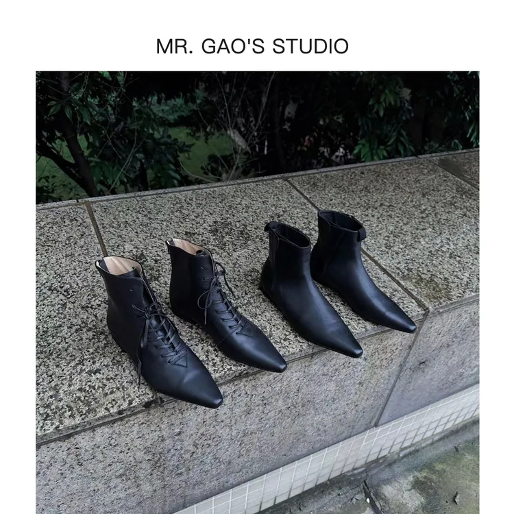 【Mr.Gao】秋季新款小众设计尖头系带低跟短靴气质尖头时尚黑色女鞋