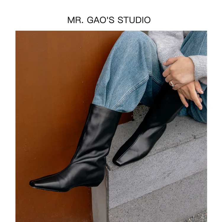 MR.GAO/高老板轻奢小众设计简约百搭中筒靴小方头宽筒围时尚/短靴