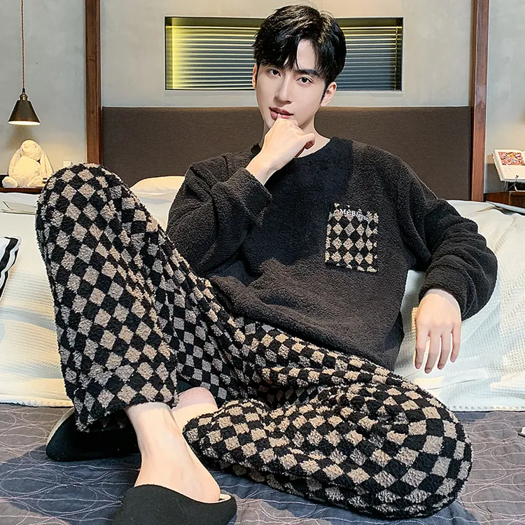冬季半边绒睡衣男士冬天珊瑚绒加厚加绒秋冬款男款保暖家居服套装