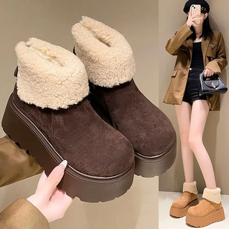 毛边时尚百搭芒果头小个子短筒雪地靴女秋冬季加绒加厚底保暖高跟