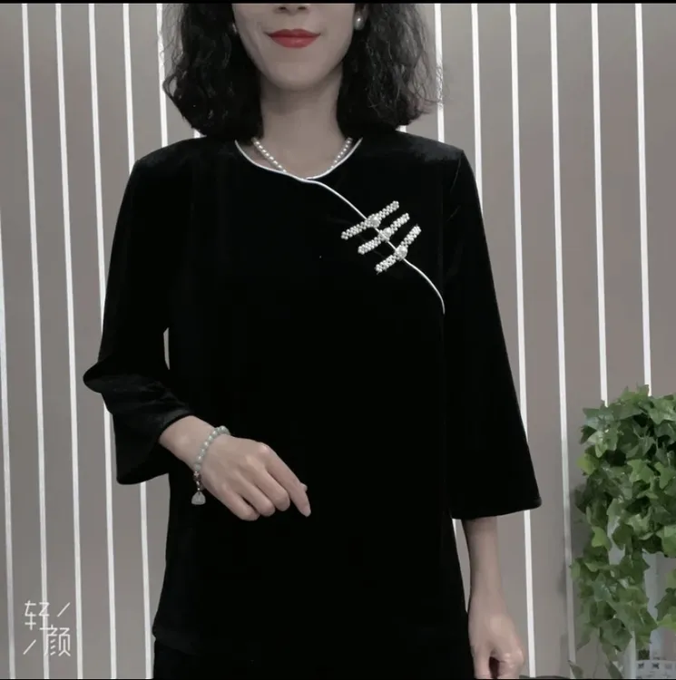 1783新款丝绒三盘扣长袖显瘦洋气中式中国风国风时髦秋装上衣