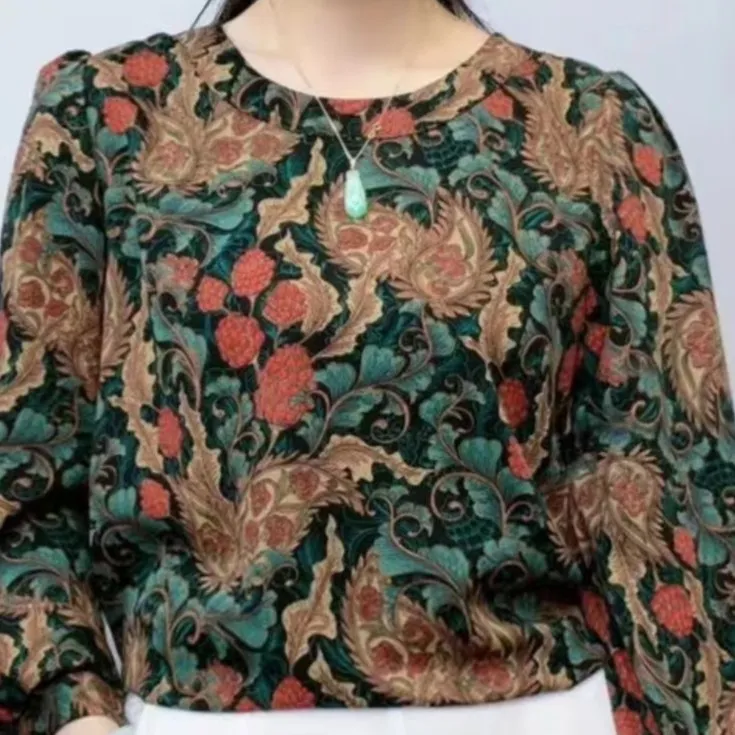 23年早秋新款凤尾花长袖上衣国风气质百搭减龄提花妈妈装