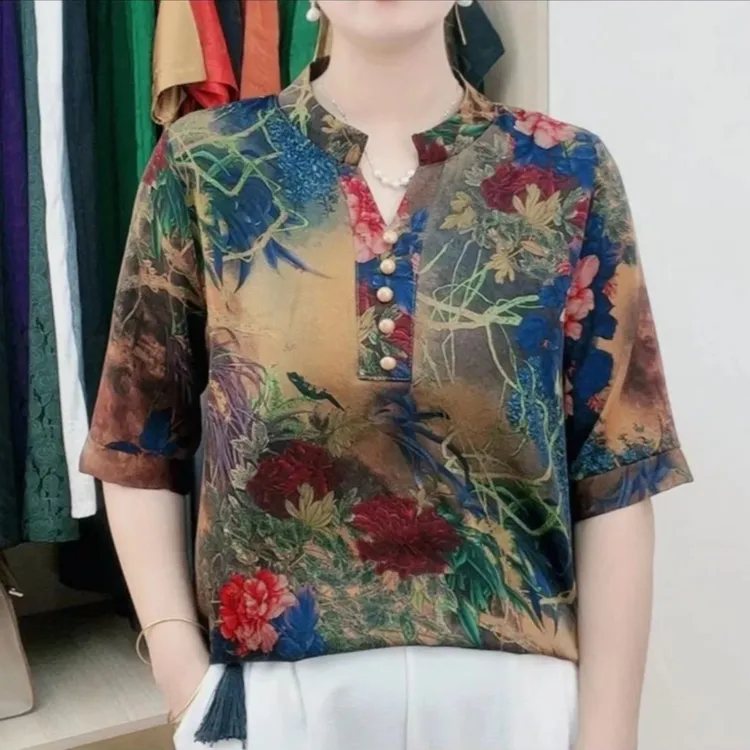 23年新款花开富贵减龄显瘦时尚宽松休闲百搭圆领上衣