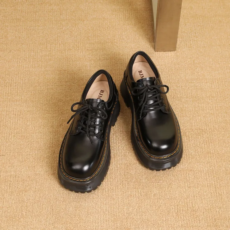【伯爵猫】厚底加绒圆头英伦风厚底皮鞋