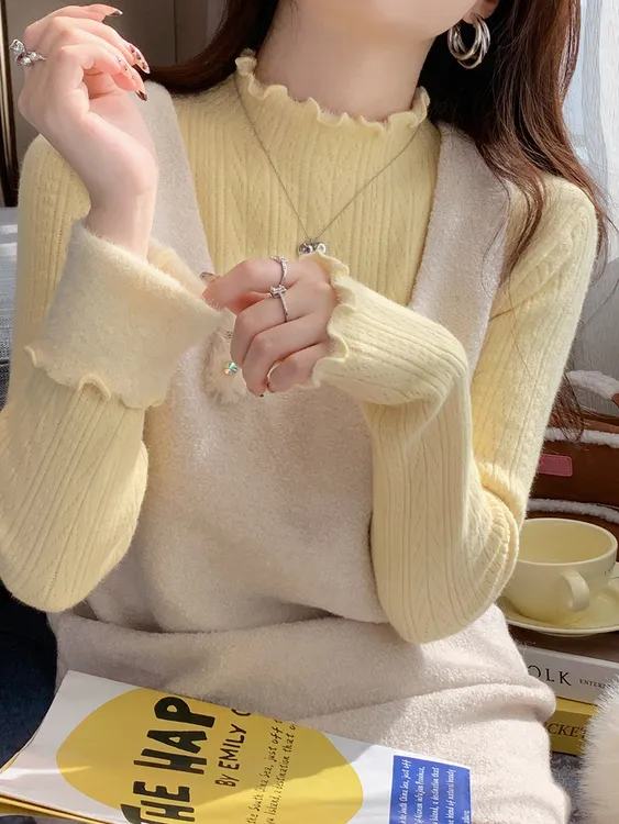 黄色毛衣女秋冬加绒加厚打底衫2025新款半高领内搭木耳边针织上衣