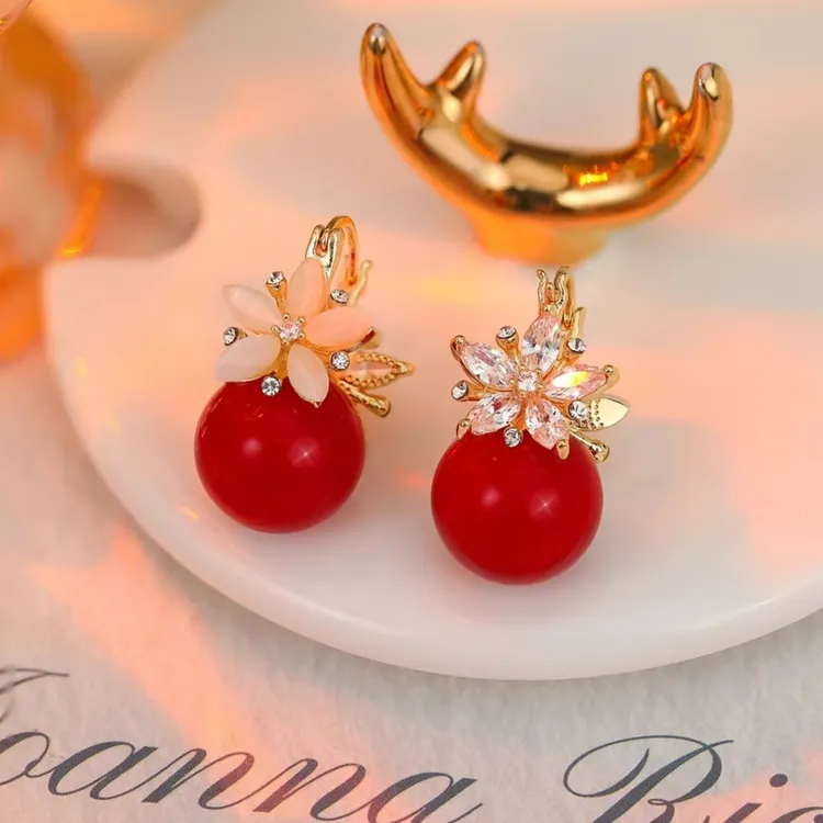铜合金合成锆石耳饰 花开富贵双面花朵珠珠小众时尚耳环饰品红色