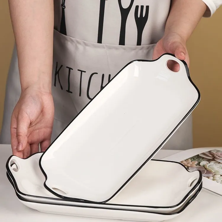 纯色大号长方形双耳鱼盘1/3只装  家用陶瓷简约个性盘子鱼盘烤盘