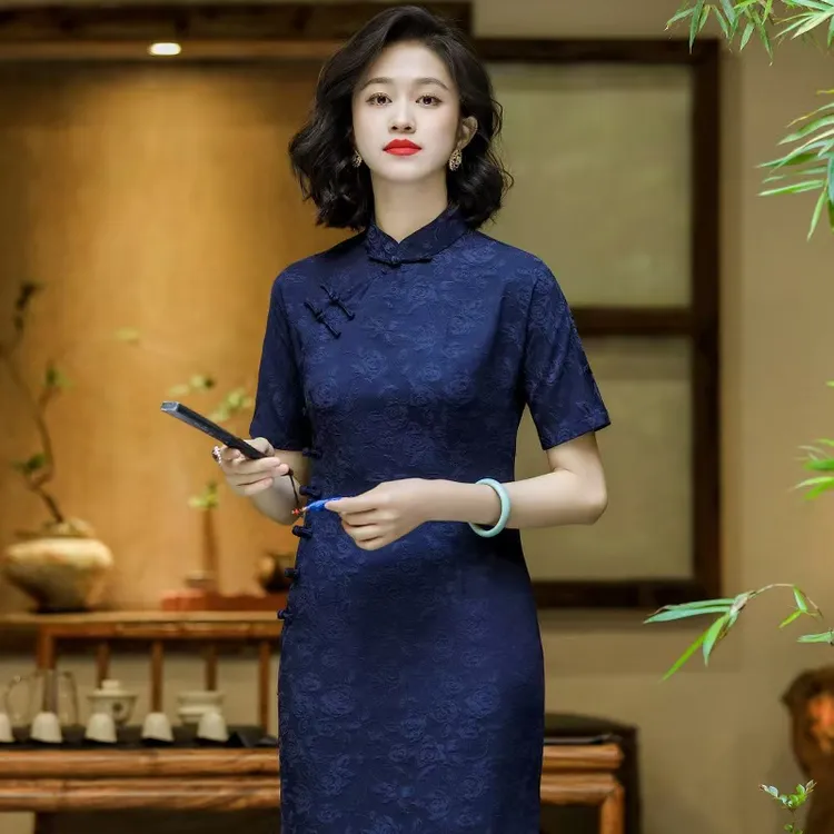 【千蚕云锦】深蓝色旗袍复古国风提花日常改良长款妈妈连衣裙24193