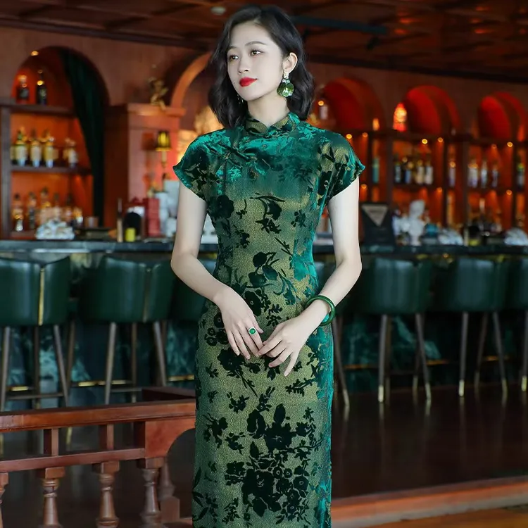 【千蚕云锦】帝王绿优雅气质旗袍裙新款复古国风蚕丝丝绒烧花24287