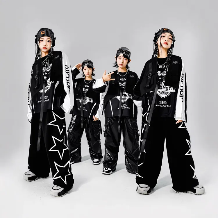 儿童嘻哈街舞演出服男童hiphop架子鼓童装潮马甲套装女童机车服装
