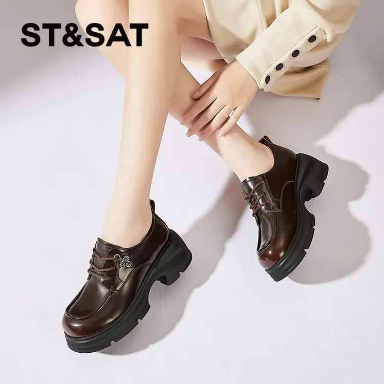 星期六真皮黑色系带乐福鞋女款配正装西服的英伦风小皮鞋春季女鞋