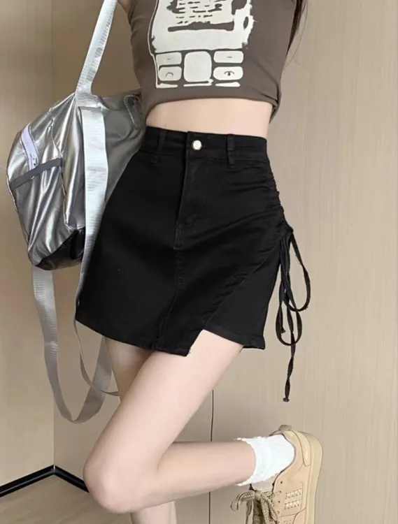 胖妹妹小众抽绳不规则牛仔半身裤裙女装夏季新款高腰显瘦a字裙子