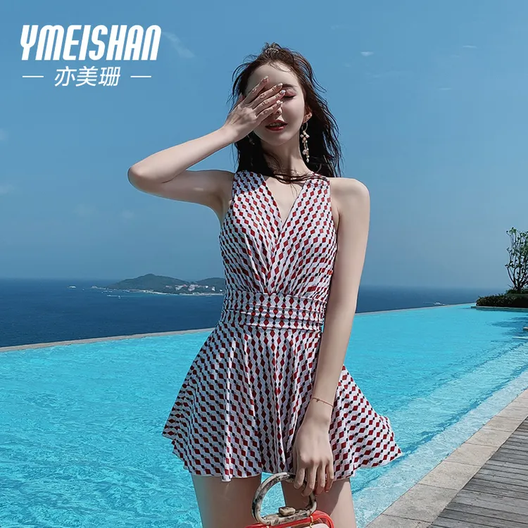 亦美珊【港风复古】时尚度假遮肚显瘦大码连体平角夏季裙式泳衣女款