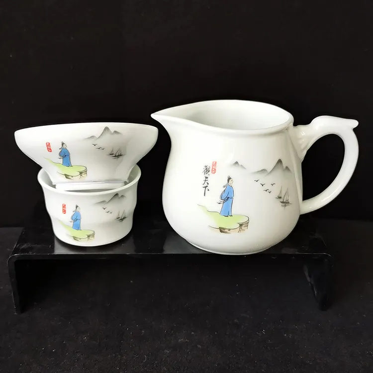 白瓷公道杯茶漏组合三件套茶海纱布网茶漏过滤组陶瓷带把分茶器