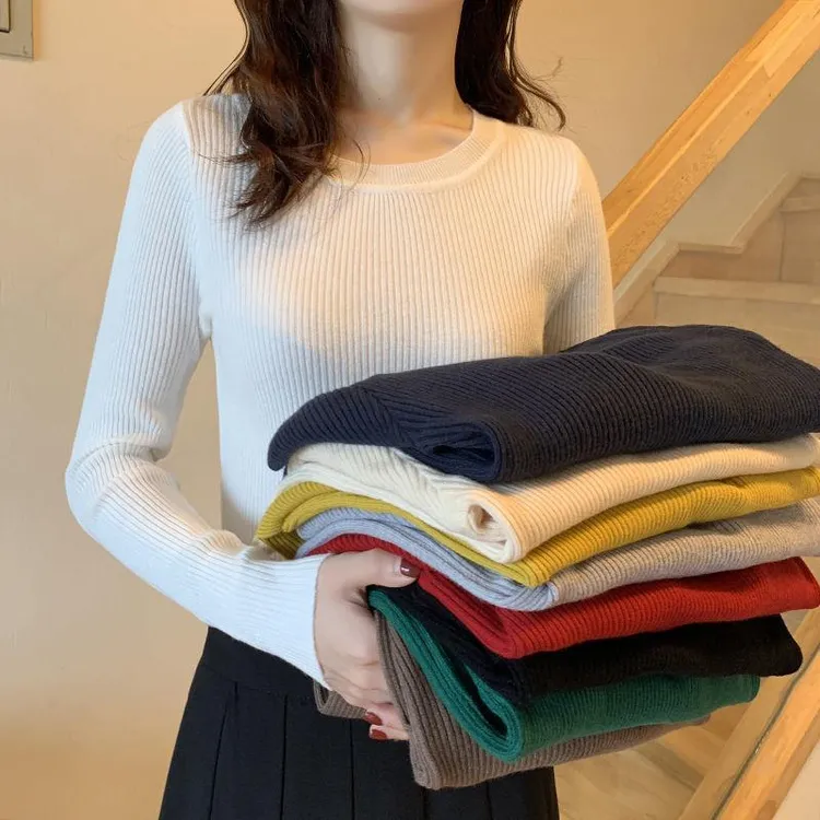 秋冬大码圆领套头毛衣打底衫女小香风长袖百搭修身显瘦加厚针织衫