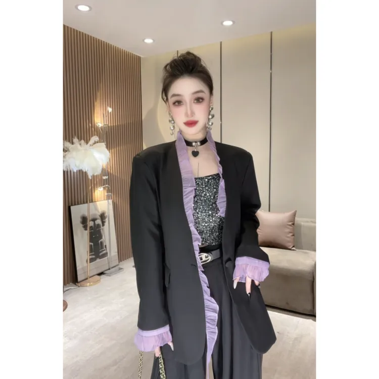 XQ5626 【西装木耳边外套】法式设计感网纱木耳边休闲西装上衣外套
