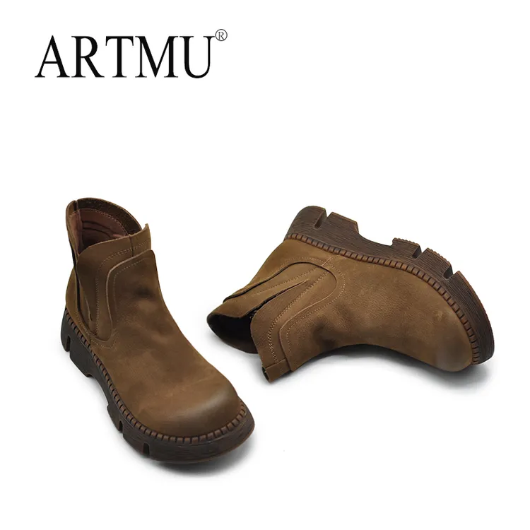 Artmu阿木复古切尔西靴女舒适百搭厚底短靴新款真皮烟筒靴82719