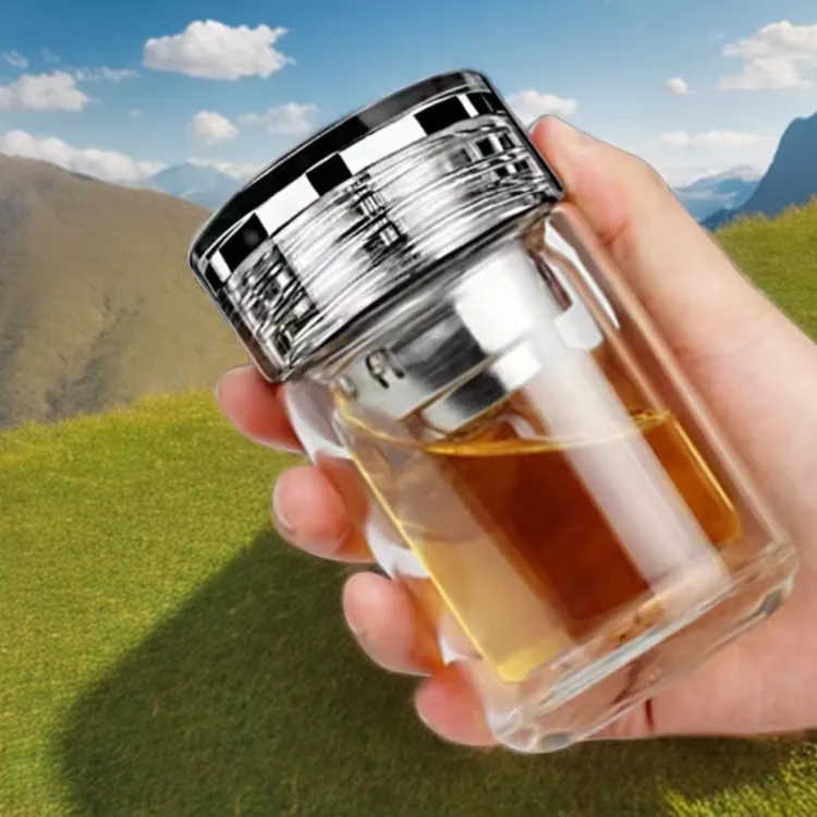 口袋杯双层加厚隔热高硼硅玻璃杯透明玻璃茶水分离泡茶杯过滤便携商品图