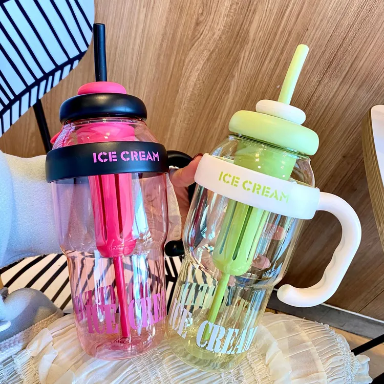 夏季新款高颜值巨无霸吸管杯塑料大肚杯大容量花茶杯带手柄大水壶