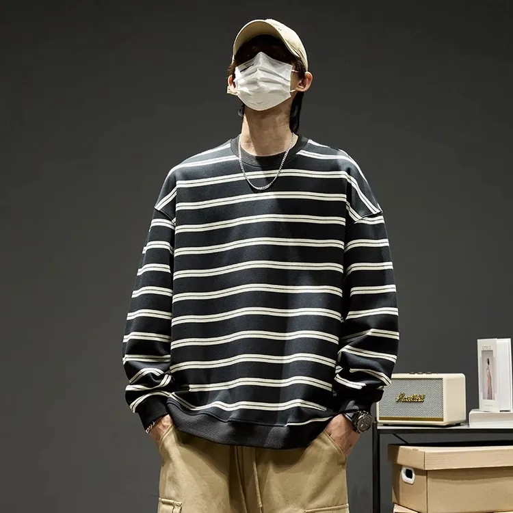 大码卫衣男2024秋冬美式复古撞色条纹上衣春秋港风圆领长袖t恤潮