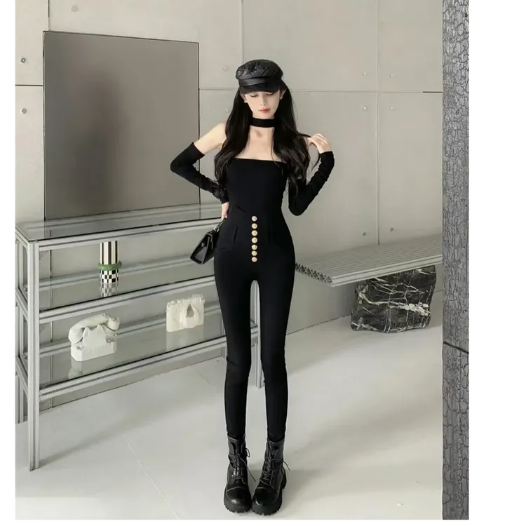 高腰单排扣修身小脚裤网红显瘦外穿百搭时尚秋冬黑色长裤女装