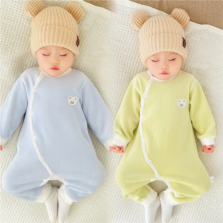 婴幼儿衣服秋冬加绒男女宝宝一体绒保暖无骨连体衣中厚新生儿哈衣