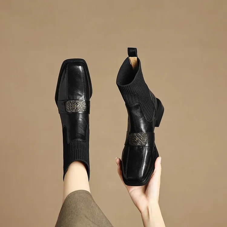 羊皮秋冬透气短筒时装靴新款低跟弹力针织方头瘦瘦靴英伦风女短靴