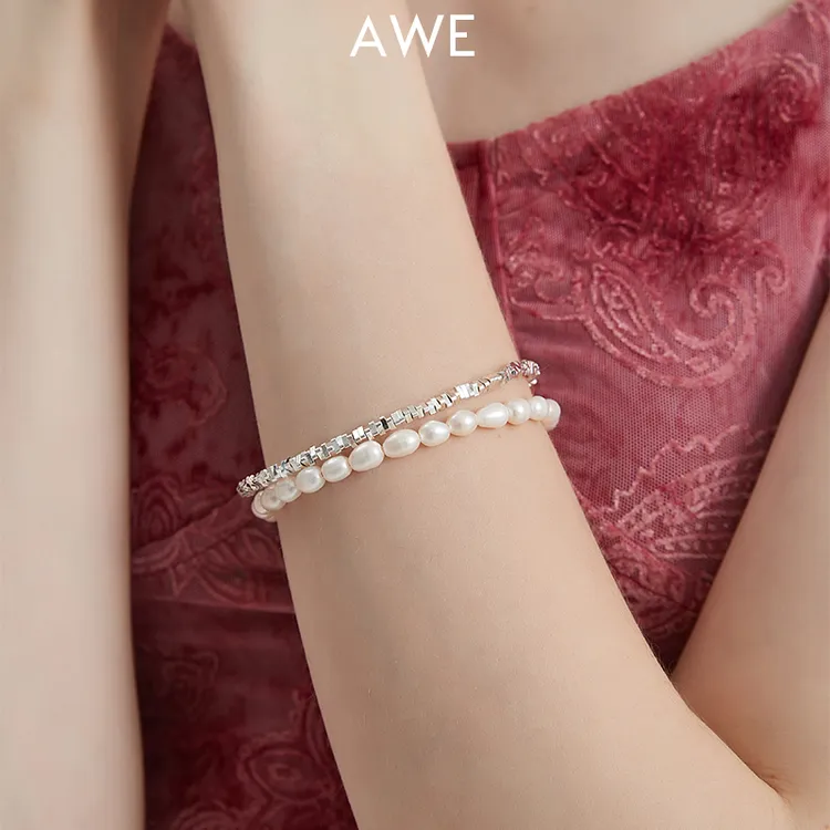 AWE 925银手链 三角碎银珍串珠双层缠绕手串女李常超同款小众饰品