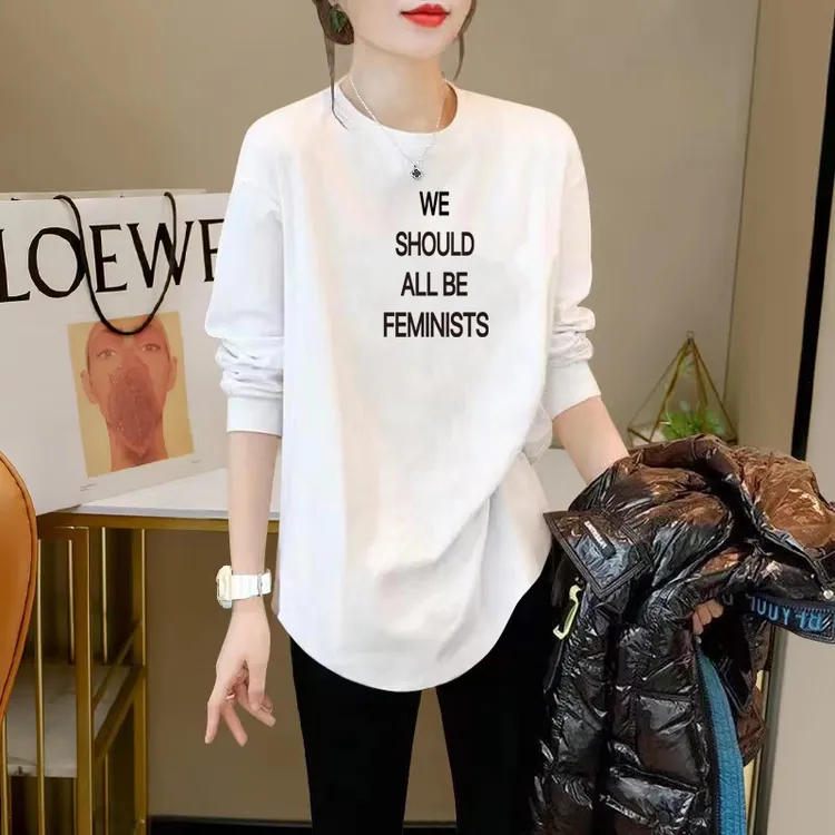 春装慵懒白色T恤女长袖宽松中长款弧形叠穿内搭纯棉洋气打底衫ins