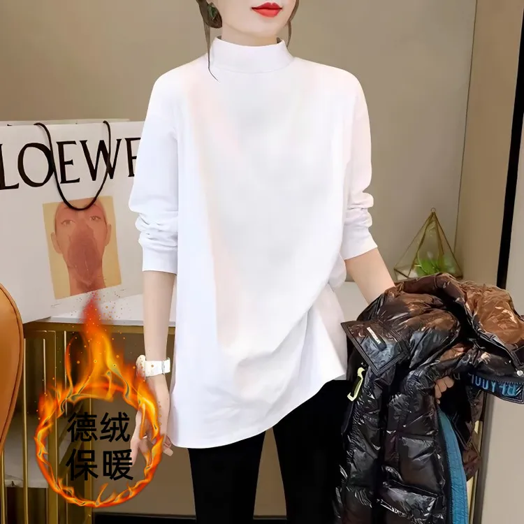 特大码半高领德绒保暖卫衣打底衫女秋冬宽松中长款内搭t恤上衣