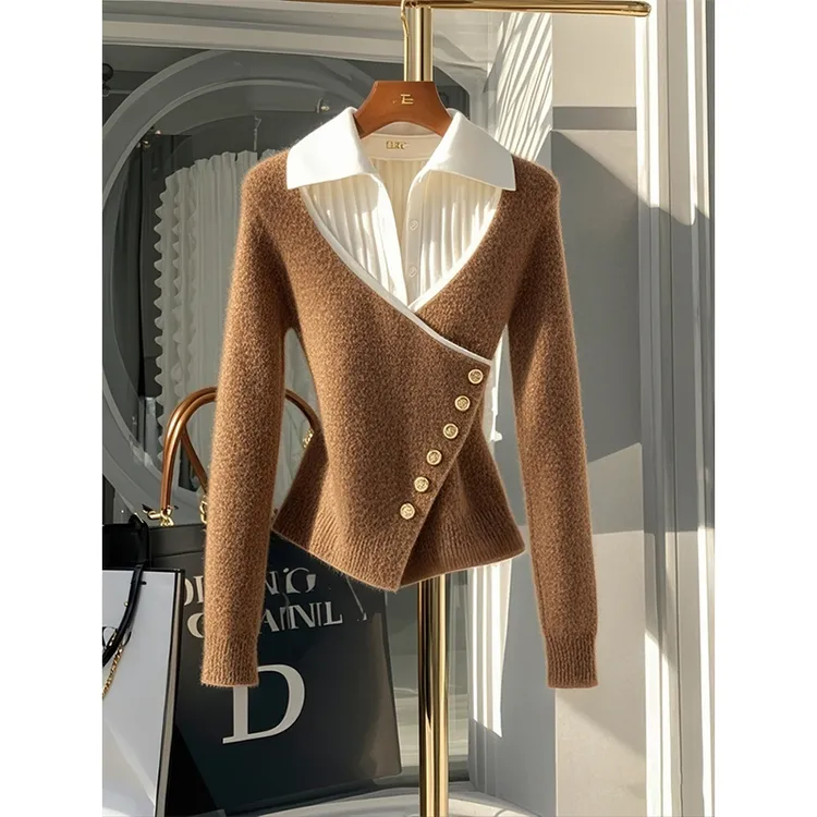 卡其色假两件设计感毛衣女2024冬季新款高级感超好看独特针织上衣