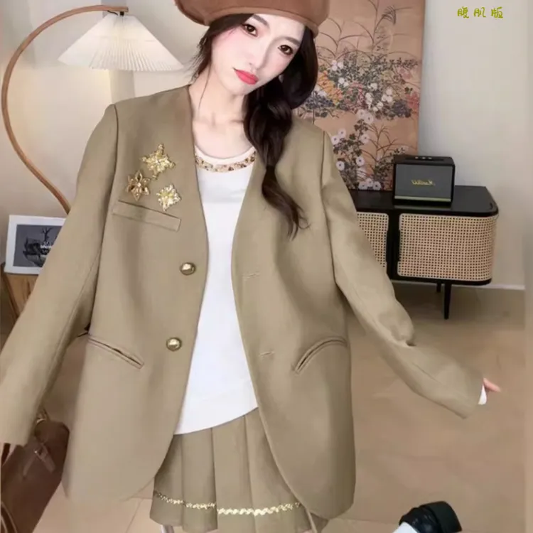 N067伦敦街区名媛风套装女卡其宽松西装外套百褶半身裙两件套2024