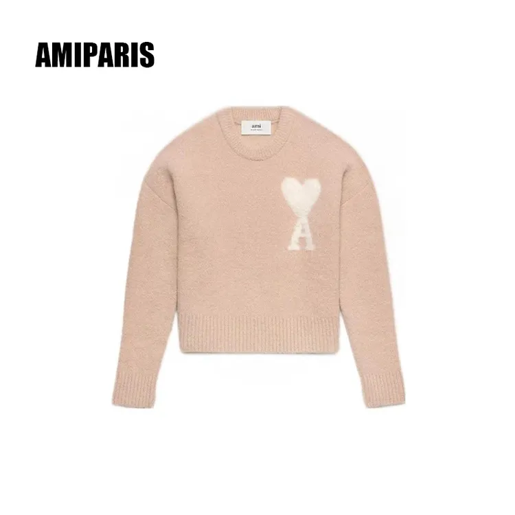 全新未使用  AMIPARI  字母爱心提花圆领长袖毛衣 休闲粉色羊驼毛