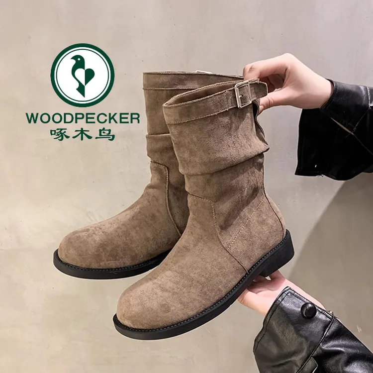 啄木鸟平底短靴女2024夏季新款英伦风超火堆堆靴秋冬西部牛仔靴子