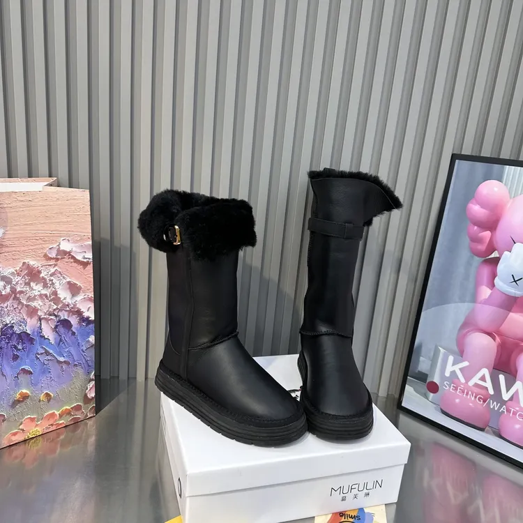 一体加厚两穿真皮工装时尚靴女靴厚底雪地羊皮大羊毛靴毛中筒冬季