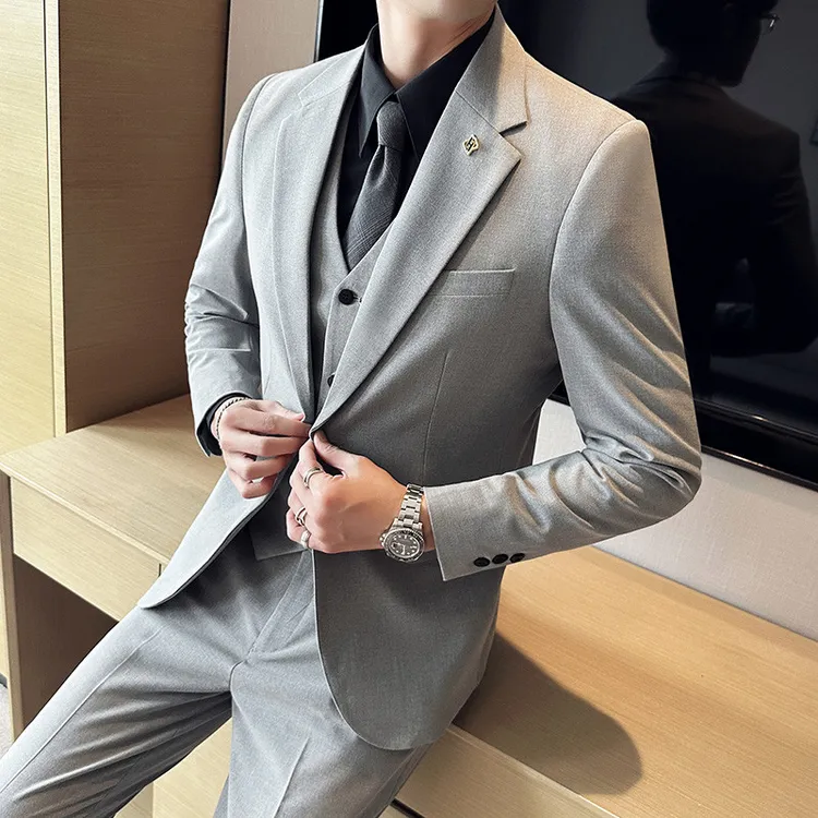 春夏季薄款男士西服三件套韩版修身商务休闲职业西装新郎结婚套装
