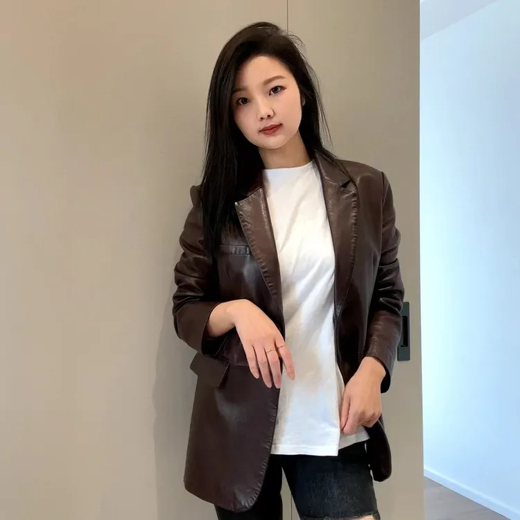 2211#植鞣油蜡微阔休闲皮衣女外套 百搭气质真皮西装款皮夹克外套