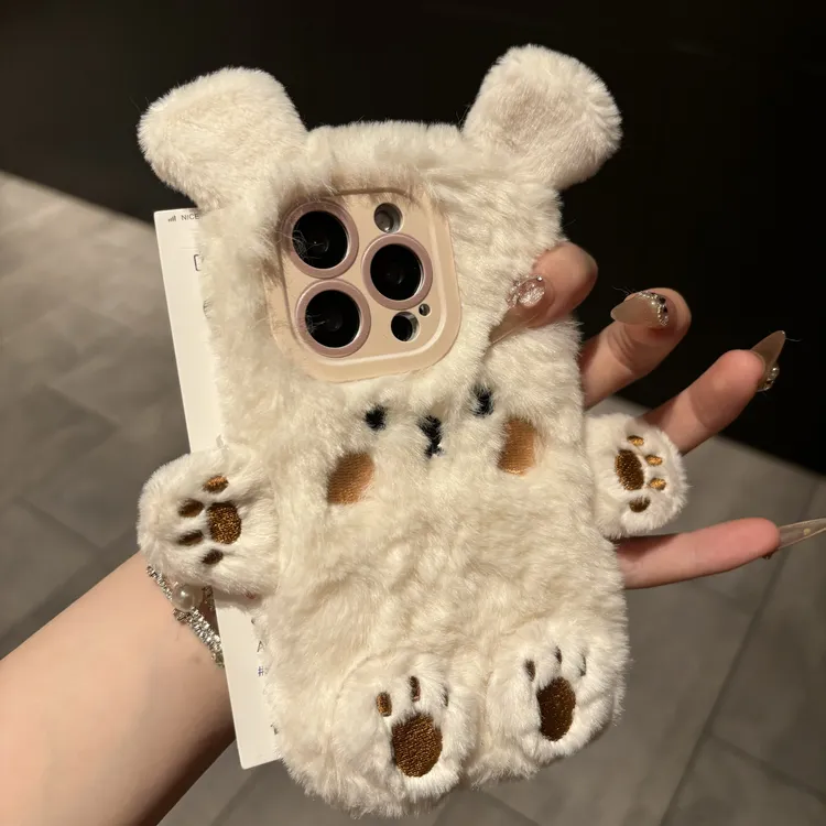 秋冬毛绒卡通小熊适用iphone15pro手机壳苹果14/16Promax新款13女