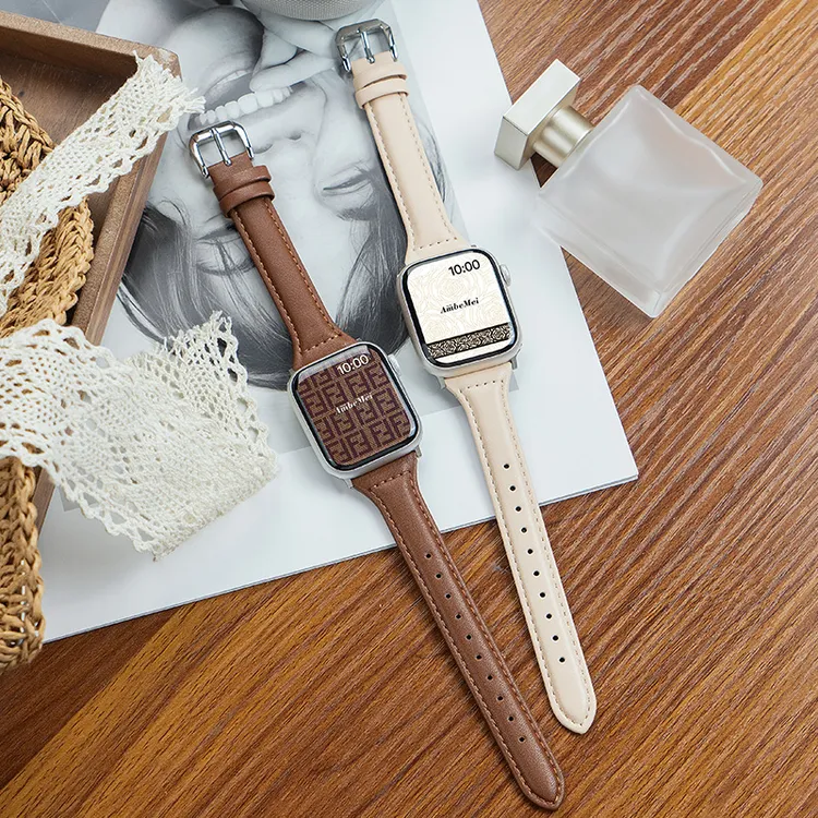 适用iwatch苹果S10手表applewatch9/8/7表带小蛮腰皮质表带简约女