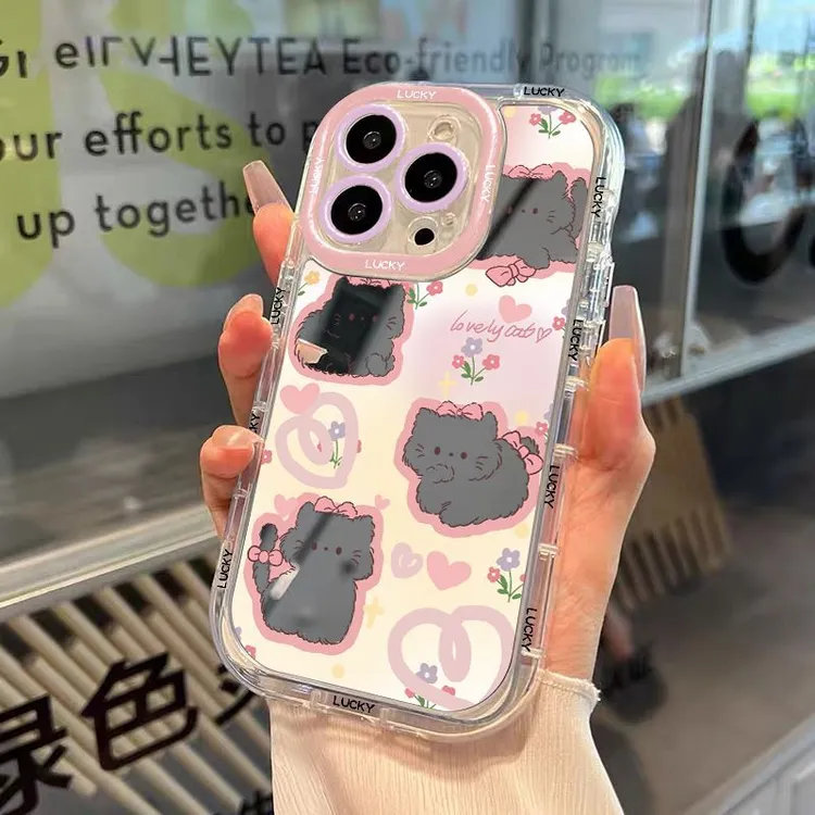 爱心粉猫咪苹果14手机壳iPhone15镜面13promax可爱11高颜值12防摔
