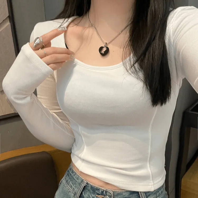 韩版洋气新款低领长袖T恤小个子短款T恤女纯欲风内搭仿羊绒上衣