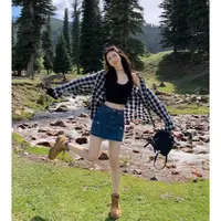 微胖mm春夏季复古格纹长袖衬衫外套女新款韩版时尚学生外搭上衣